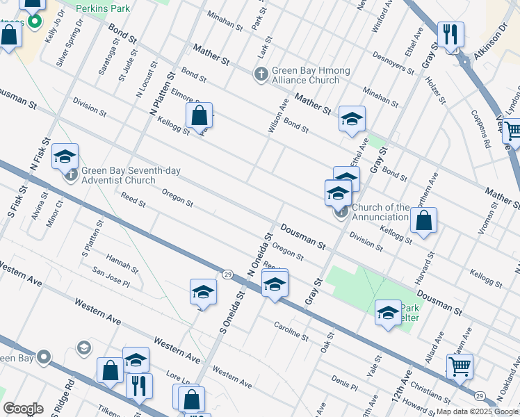 map of restaurants, bars, coffee shops, grocery stores, and more near 1185 Division Street in Green Bay