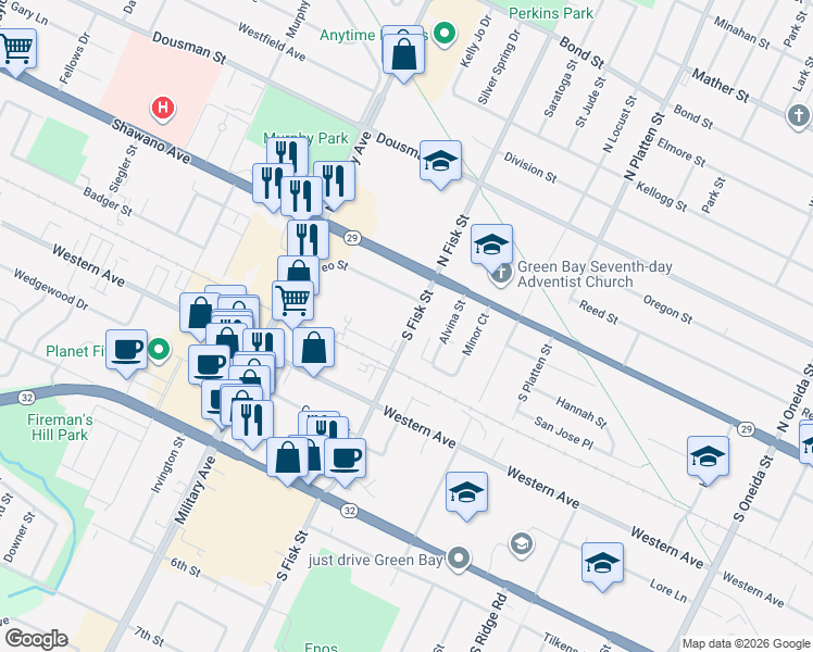 map of restaurants, bars, coffee shops, grocery stores, and more near 1475 Leo Street in Green Bay