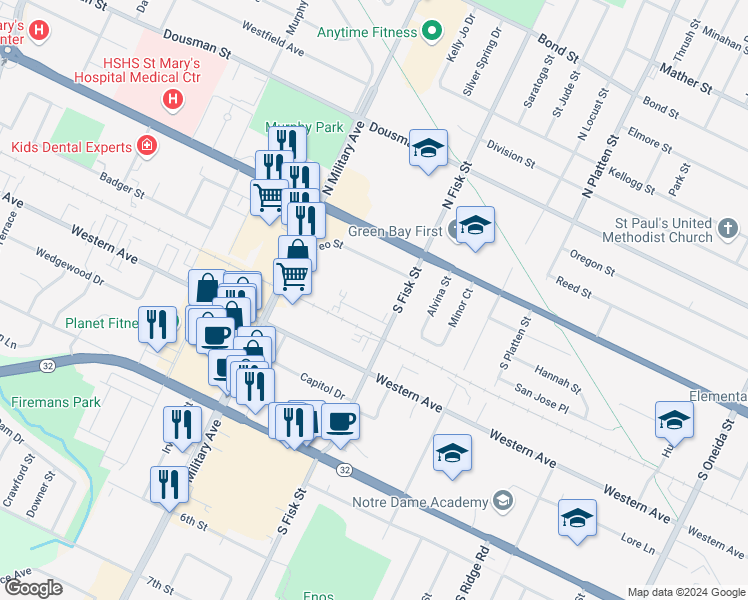 map of restaurants, bars, coffee shops, grocery stores, and more near 1493 Leo Street in Green Bay