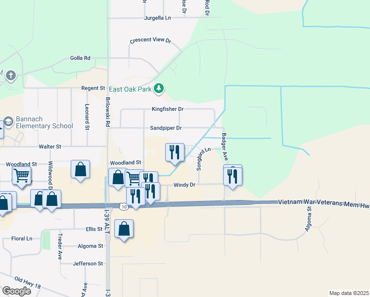 map of restaurants, bars, coffee shops, grocery stores, and more near 818 Songbird Lane in Stevens Point