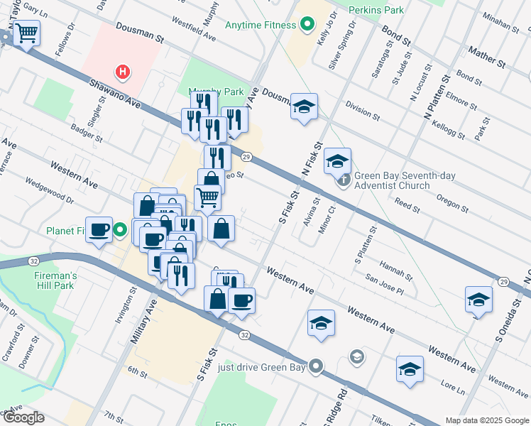 map of restaurants, bars, coffee shops, grocery stores, and more near 1493 Leo Street in Green Bay