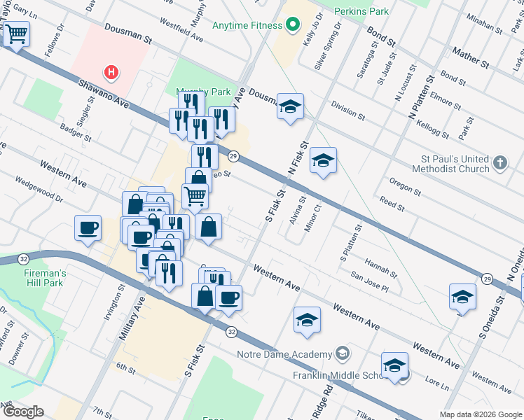 map of restaurants, bars, coffee shops, grocery stores, and more near 140 South Fisk Street in Green Bay