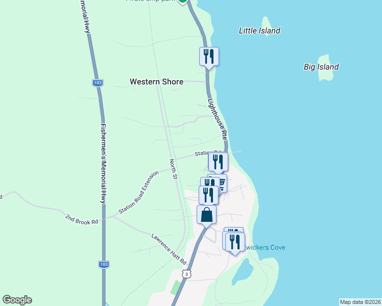 map of restaurants, bars, coffee shops, grocery stores, and more near 46 Station Road in Western Shore