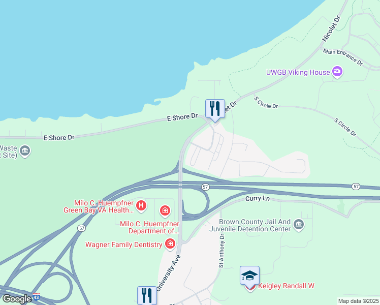 map of restaurants, bars, coffee shops, grocery stores, and more near 2202B Nicolet Drive in Green Bay