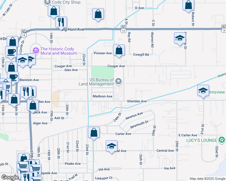 map of restaurants, bars, coffee shops, grocery stores, and more near 1005 Blackburn Street in Cody