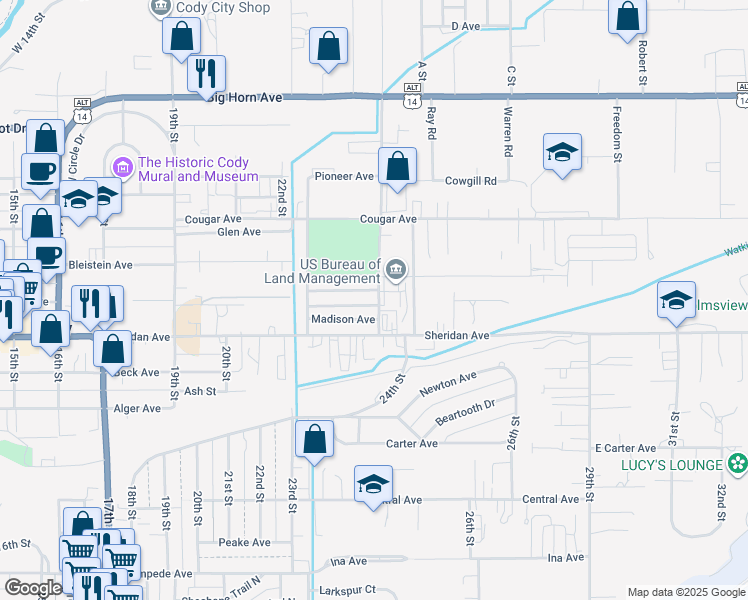 map of restaurants, bars, coffee shops, grocery stores, and more near 1005 Blackburn Street in Cody