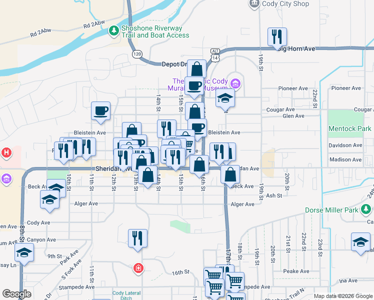 map of restaurants, bars, coffee shops, grocery stores, and more near 1521 Rumsey Avenue in Cody