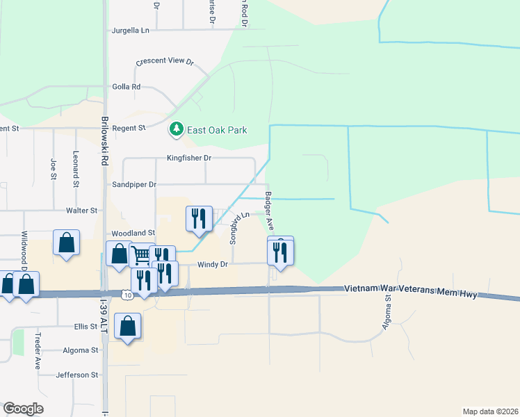map of restaurants, bars, coffee shops, grocery stores, and more near 802 Songbird Lane in Stevens Point