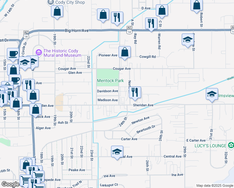map of restaurants, bars, coffee shops, grocery stores, and more near 1005 Blackburn Street in Cody