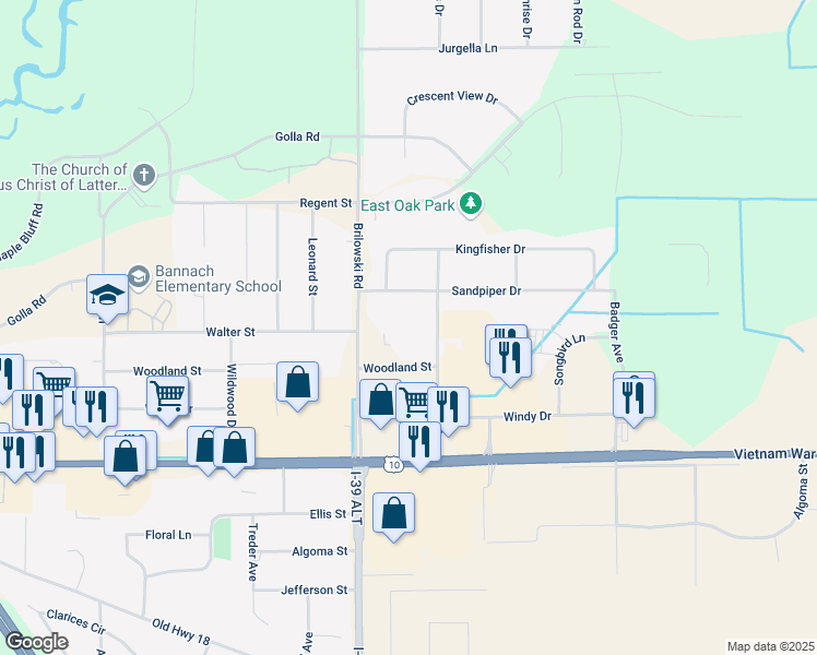 map of restaurants, bars, coffee shops, grocery stores, and more near 5625 Sandpiper Drive in Stevens Point