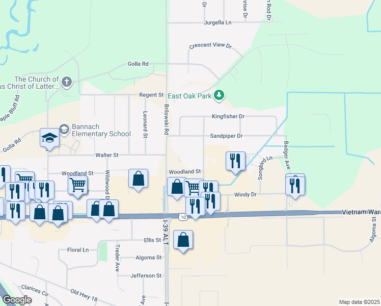map of restaurants, bars, coffee shops, grocery stores, and more near 5625 Sandpiper Drive in Stevens Point