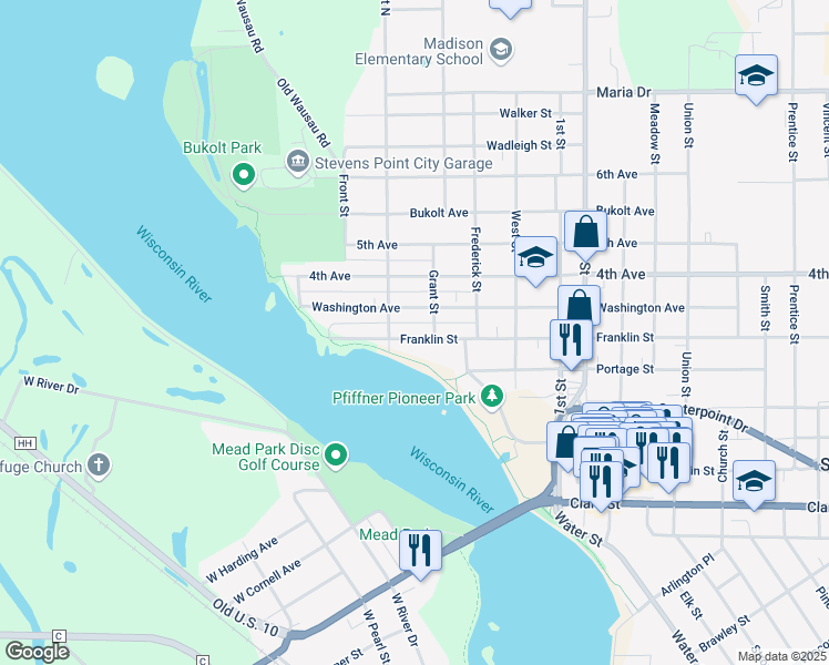 map of restaurants, bars, coffee shops, grocery stores, and more near 442 Franklin Street in Stevens Point