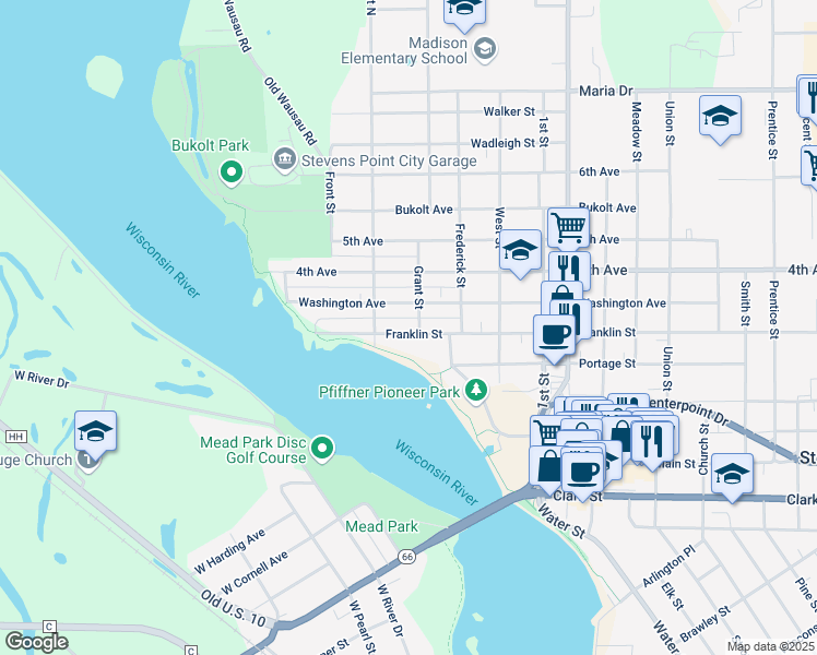 map of restaurants, bars, coffee shops, grocery stores, and more near 442 Franklin Street in Stevens Point