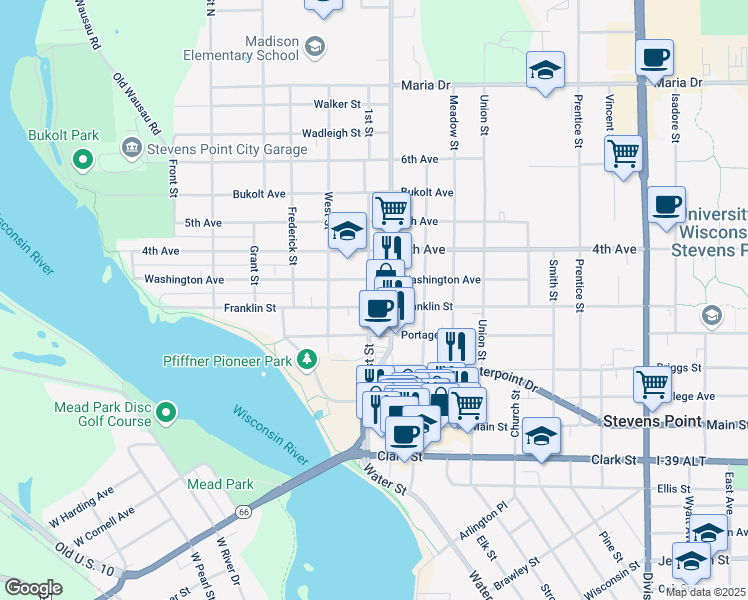 map of restaurants, bars, coffee shops, grocery stores, and more near 824 2nd Street in Stevens Point