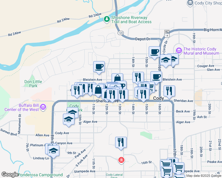 map of restaurants, bars, coffee shops, grocery stores, and more near 1225 Rumsey Avenue in Cody