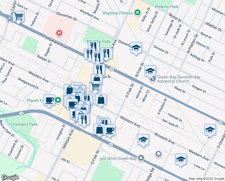 map of restaurants, bars, coffee shops, grocery stores, and more near 170 South Fisk Street in Green Bay