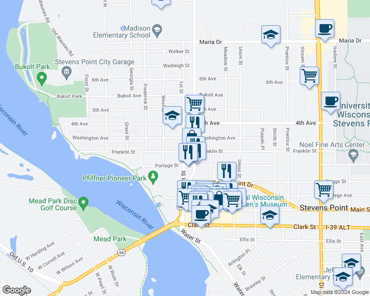 map of restaurants, bars, coffee shops, grocery stores, and more near 824 2nd Street in Stevens Point