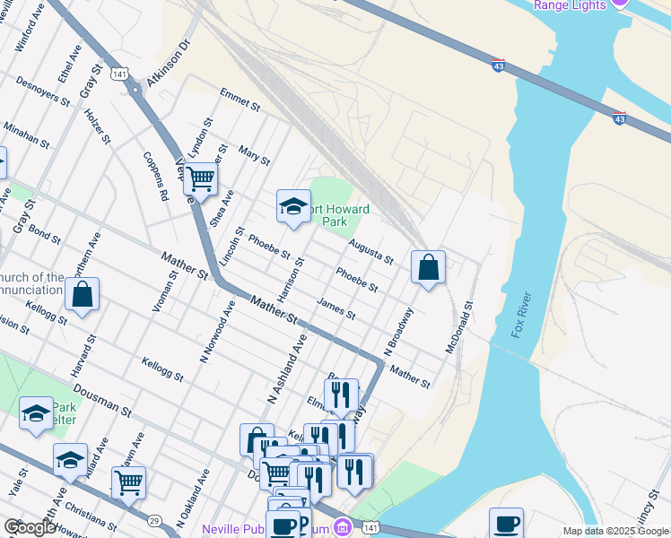 map of restaurants, bars, coffee shops, grocery stores, and more near 698 Phoebe Street in Green Bay