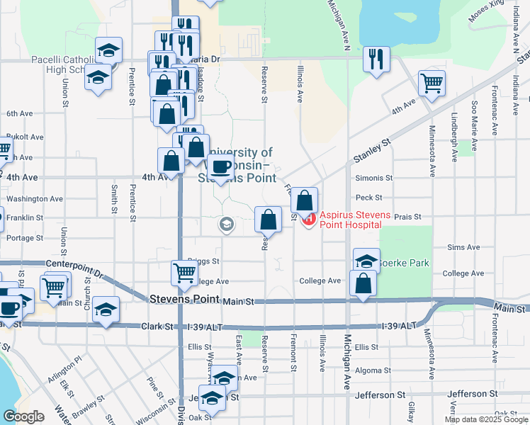 map of restaurants, bars, coffee shops, grocery stores, and more near 800 Reserve Street in Stevens Point