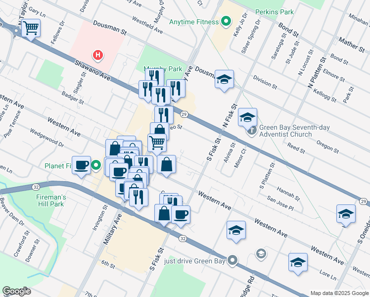 map of restaurants, bars, coffee shops, grocery stores, and more near 1517 Plymouth Lane in Green Bay