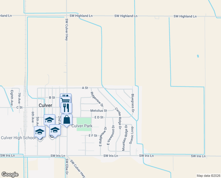 map of restaurants, bars, coffee shops, grocery stores, and more near 507 A Street in Culver