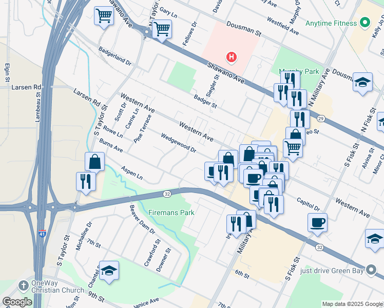 map of restaurants, bars, coffee shops, grocery stores, and more near 503 Peachtree Lane in Green Bay