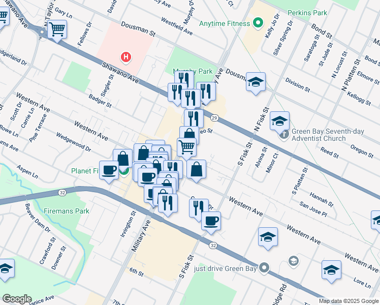 map of restaurants, bars, coffee shops, grocery stores, and more near 225 South Military Avenue in Green Bay