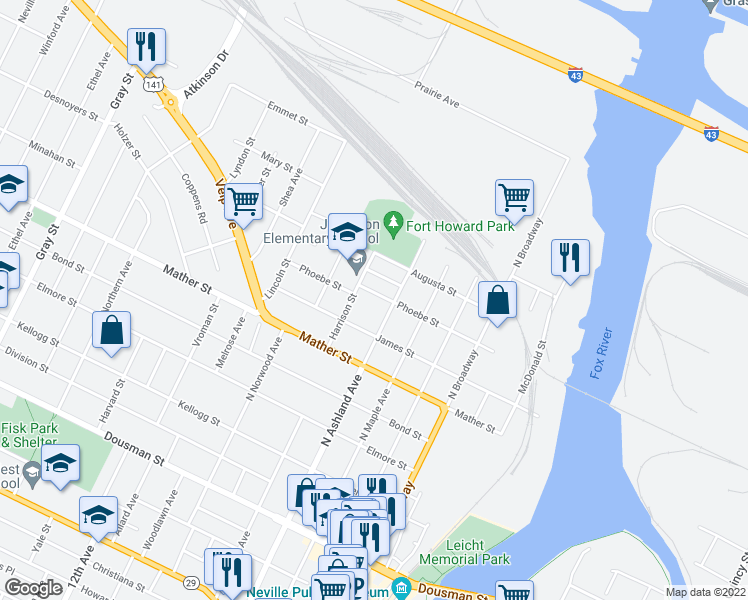 map of restaurants, bars, coffee shops, grocery stores, and more near 707 Phoebe Street in Green Bay