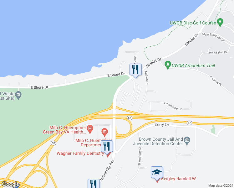 map of restaurants, bars, coffee shops, grocery stores, and more near 2202B Nicolet Drive in Green Bay