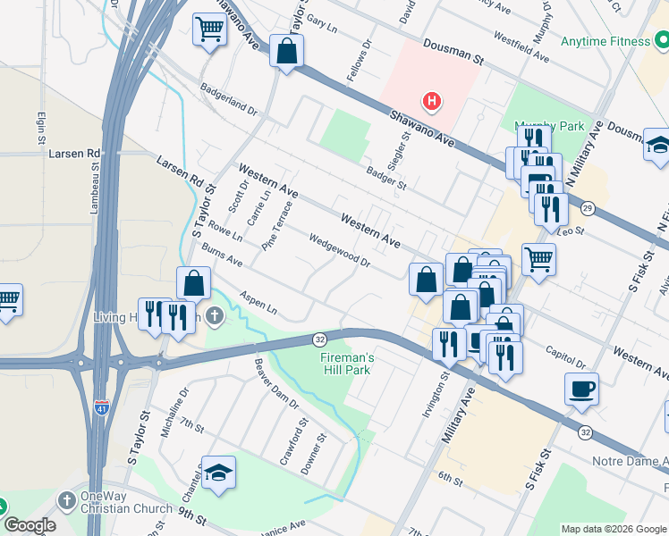 map of restaurants, bars, coffee shops, grocery stores, and more near 515 Bluebird Lane in Green Bay