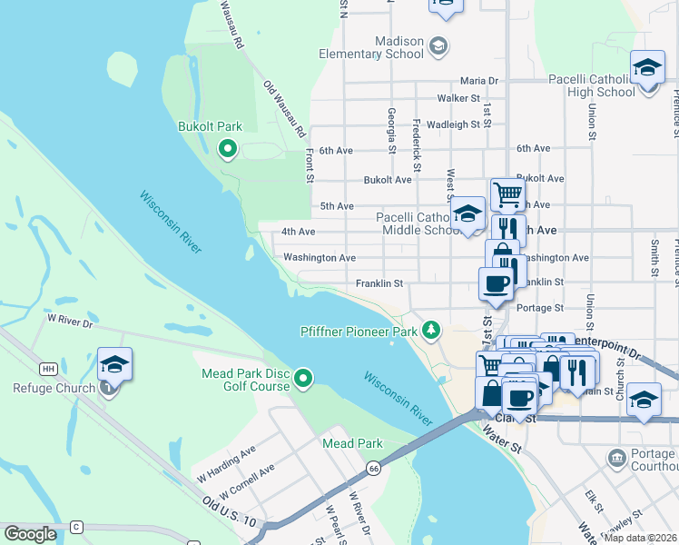 map of restaurants, bars, coffee shops, grocery stores, and more near 816 Forest Street in Stevens Point