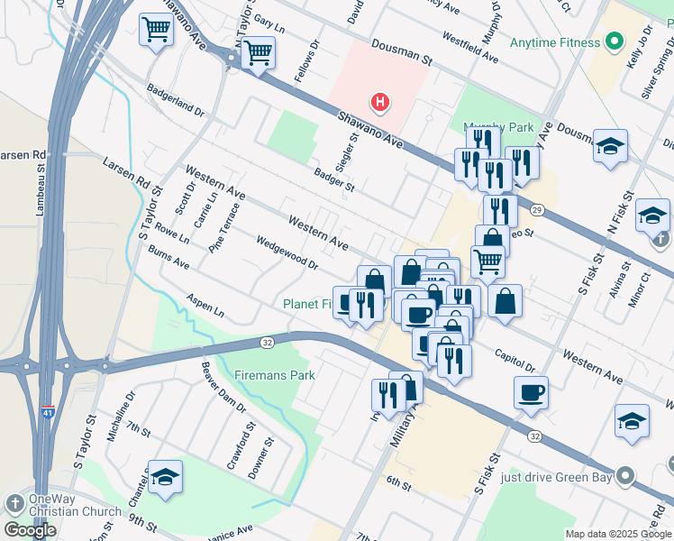 map of restaurants, bars, coffee shops, grocery stores, and more near 1696 Wedgewood Drive in Green Bay