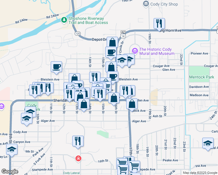 map of restaurants, bars, coffee shops, grocery stores, and more near 1521 Rumsey Avenue in Cody