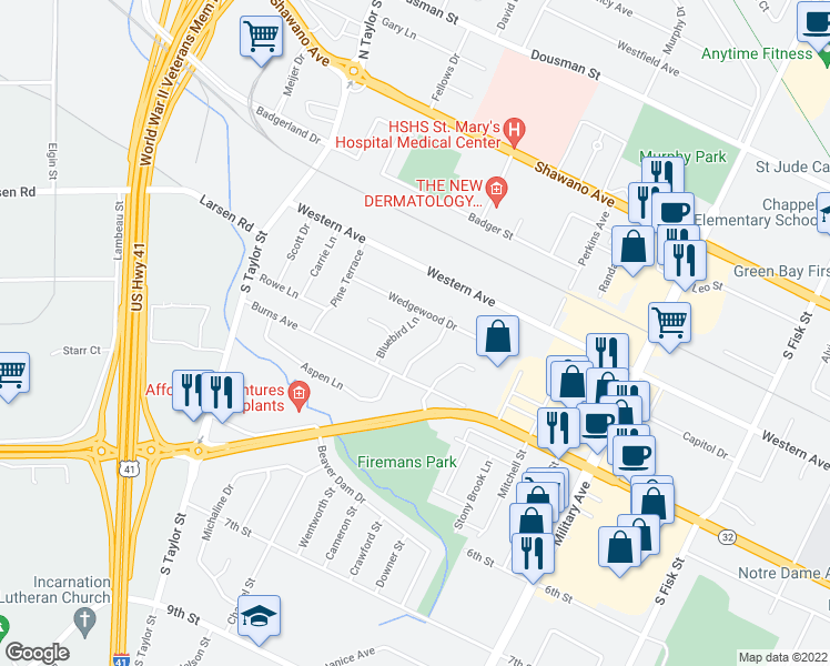 map of restaurants, bars, coffee shops, grocery stores, and more near 515 Bluebird Lane in Green Bay