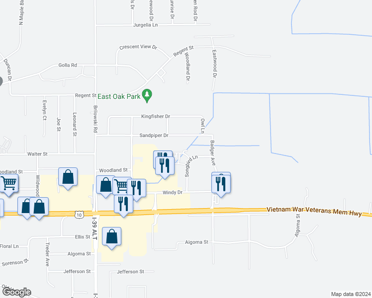 map of restaurants, bars, coffee shops, grocery stores, and more near 818 Songbird Lane in Stevens Point