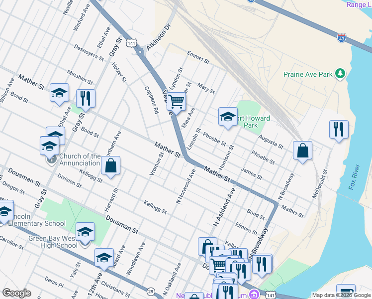 map of restaurants, bars, coffee shops, grocery stores, and more near 705 Lincoln Street in Green Bay