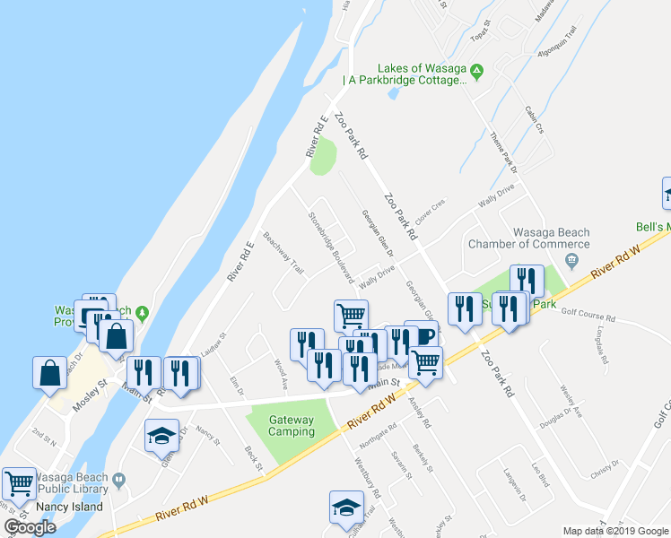 map of restaurants, bars, coffee shops, grocery stores, and more near 3 Sandy Coast Crescent in Wasaga Beach