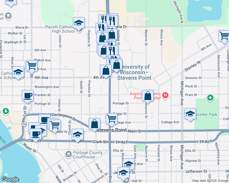 map of restaurants, bars, coffee shops, grocery stores, and more near 1716 Franklin Street in Stevens Point