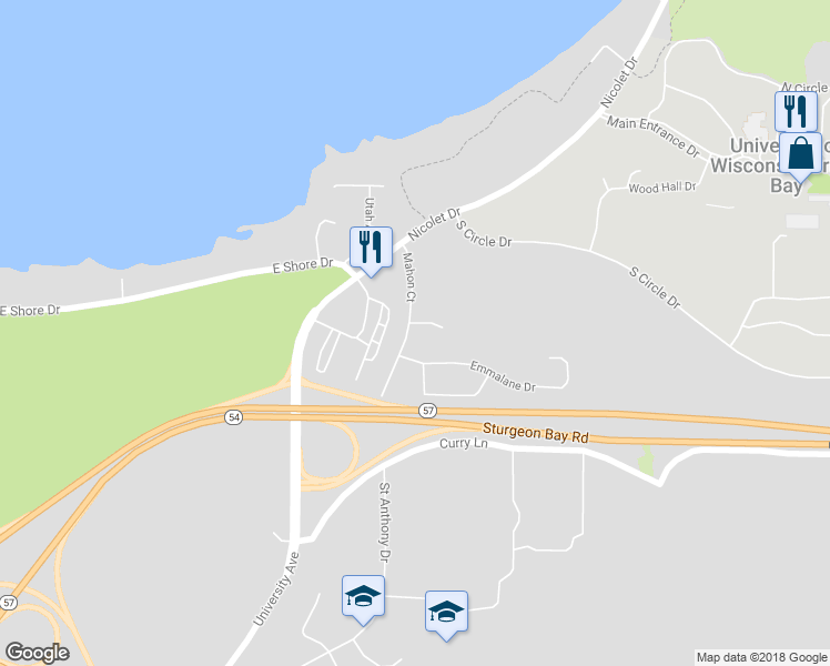 map of restaurants, bars, coffee shops, grocery stores, and more near 2206 Mahon Court in Green Bay