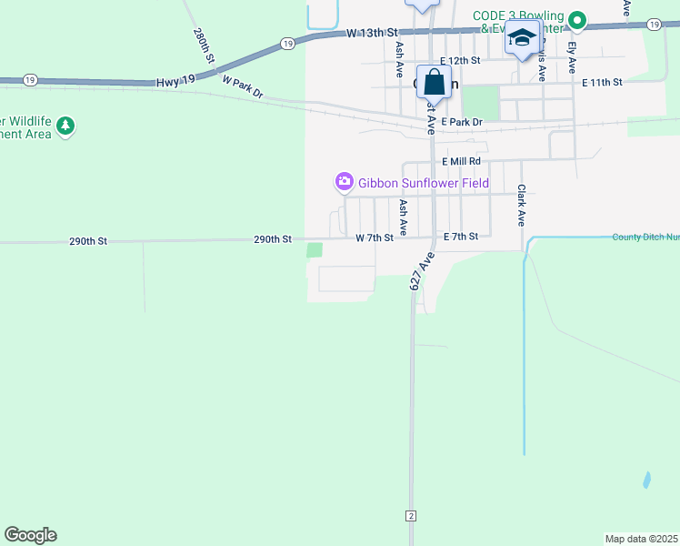 map of restaurants, bars, coffee shops, grocery stores, and more near 341 West 6th Street in Gibbon