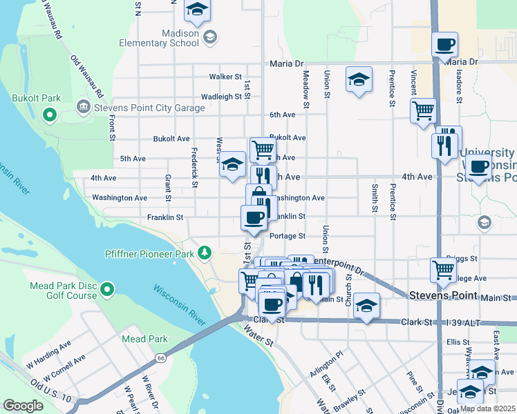 map of restaurants, bars, coffee shops, grocery stores, and more near 824 2nd Street in Stevens Point
