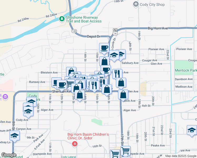 map of restaurants, bars, coffee shops, grocery stores, and more near 1521 Rumsey Avenue in Cody