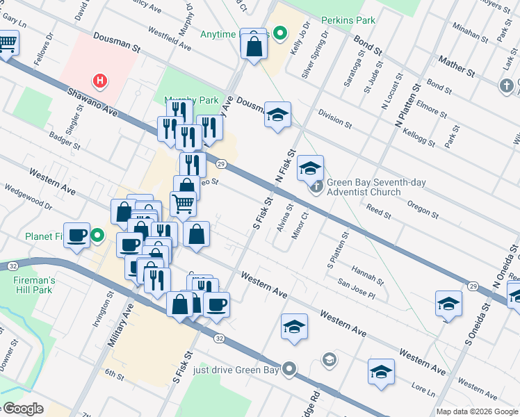 map of restaurants, bars, coffee shops, grocery stores, and more near 1475 Leo Street in Green Bay