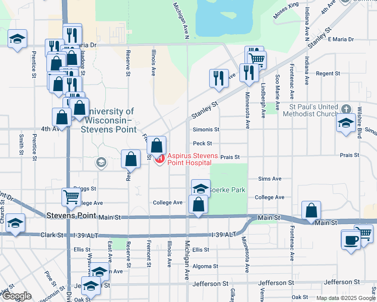 map of restaurants, bars, coffee shops, grocery stores, and more near 816 Michigan Avenue in Stevens Point