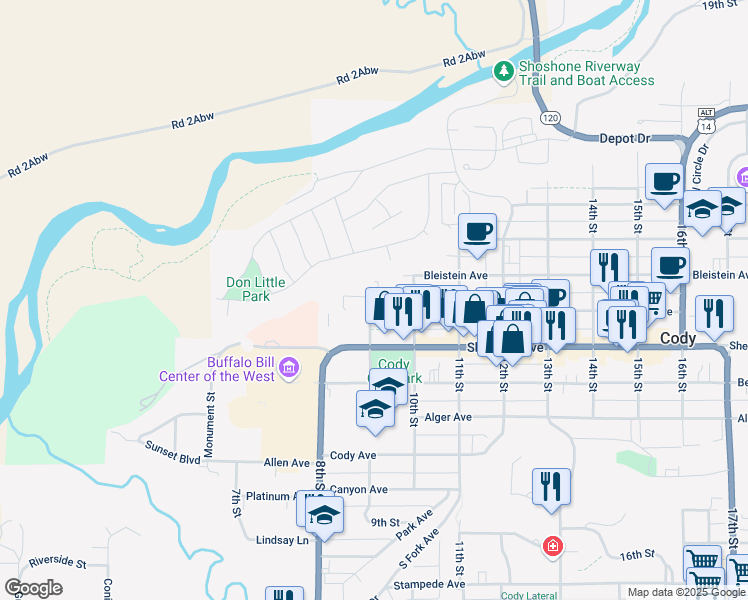 map of restaurants, bars, coffee shops, grocery stores, and more near 915 Rumsey Ave in Cody