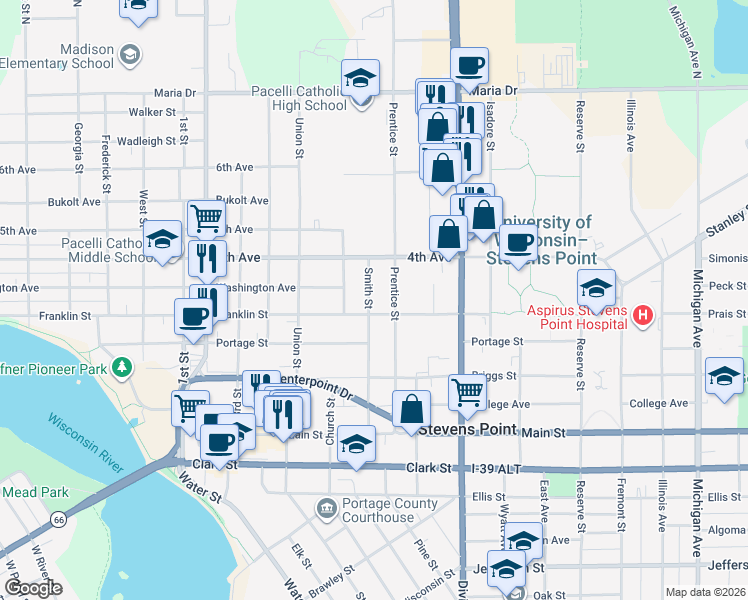 map of restaurants, bars, coffee shops, grocery stores, and more near 825 Smith Street in Stevens Point