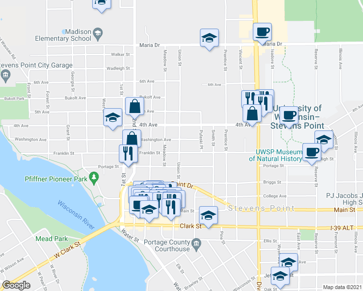 map of restaurants, bars, coffee shops, grocery stores, and more near 817 Union Street in Stevens Point