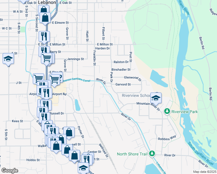 map of restaurants, bars, coffee shops, grocery stores, and more near 1955 River Drive in Lebanon