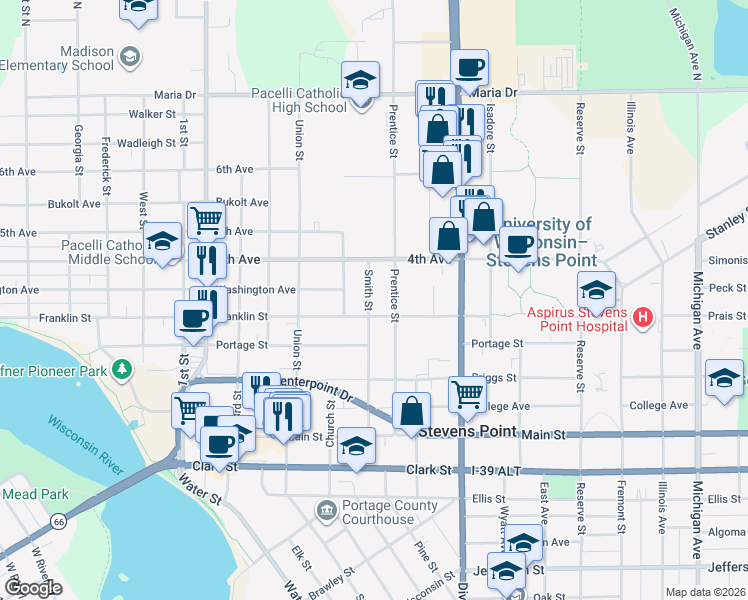 map of restaurants, bars, coffee shops, grocery stores, and more near 825 Smith Street in Stevens Point