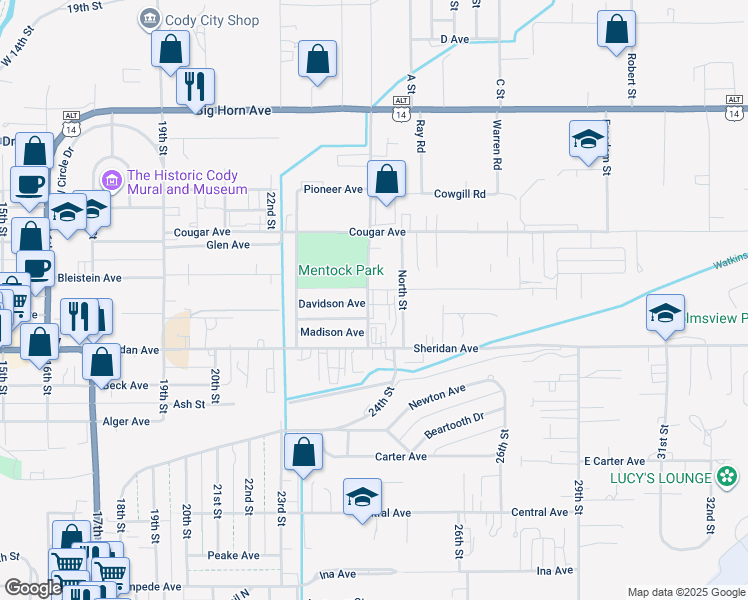 map of restaurants, bars, coffee shops, grocery stores, and more near 1005 Blackburn Street in Cody
